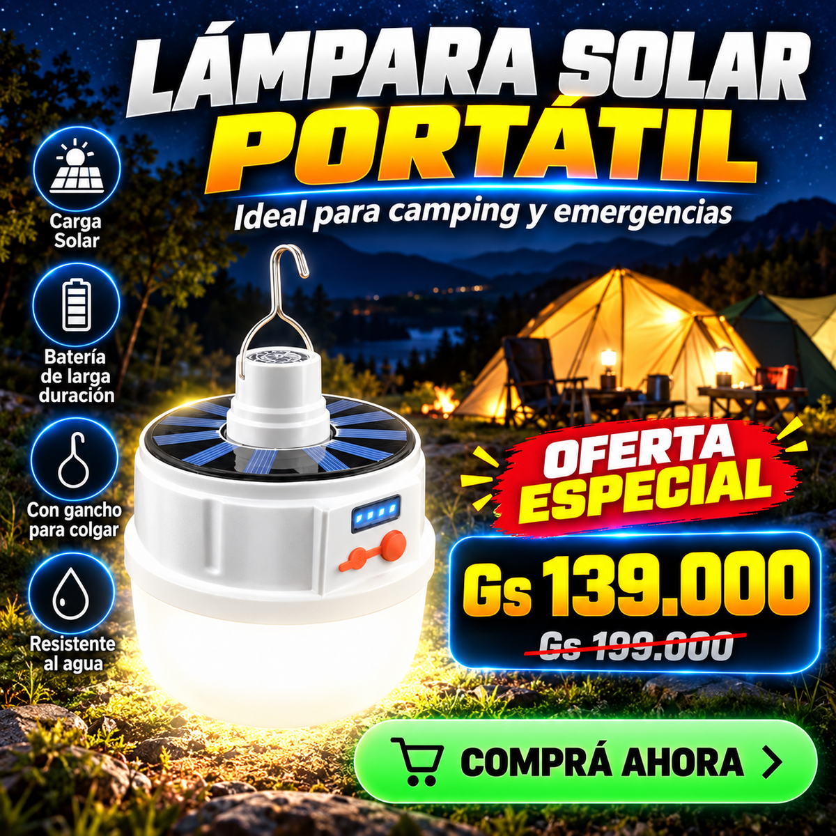 FOCO SOLAR EMERGENCIA CAMPING